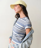 blue and white stripe short sleeve top