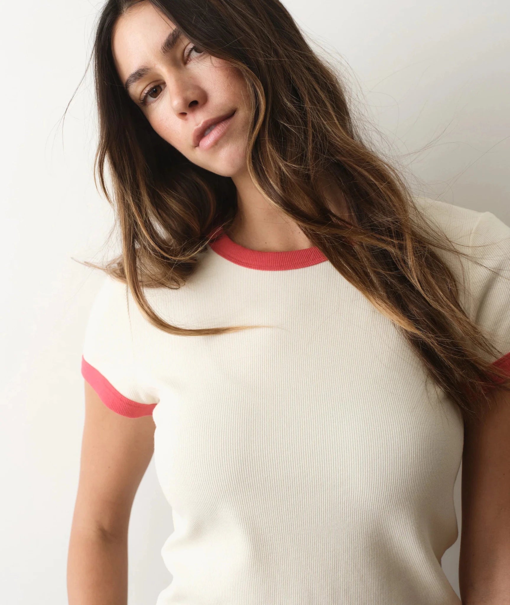 Rose & Lee Co Lexi Tee, Cream/Poppy by Marine Layer short sleeve