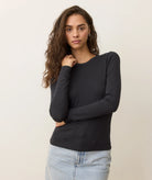 Black Long Sleeve Ribbed Crew Neck Top