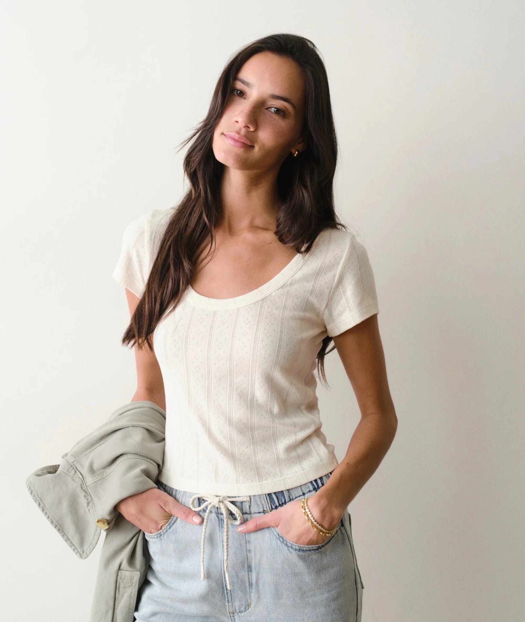 Rose & Lee Co Lexi Pointelle Top, Antique White by Marine Layer short sleeve