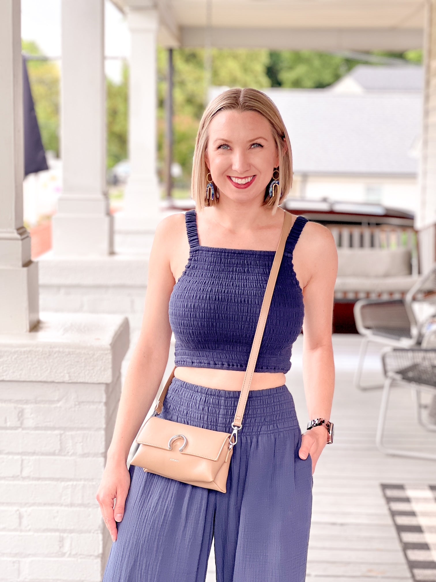 100% cotton smocked indigo cropped tank