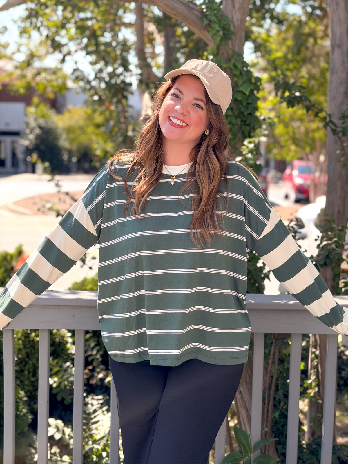 Rose & Lee Co Lillianna Top, Green/Multi Stripe Long Sleeve
