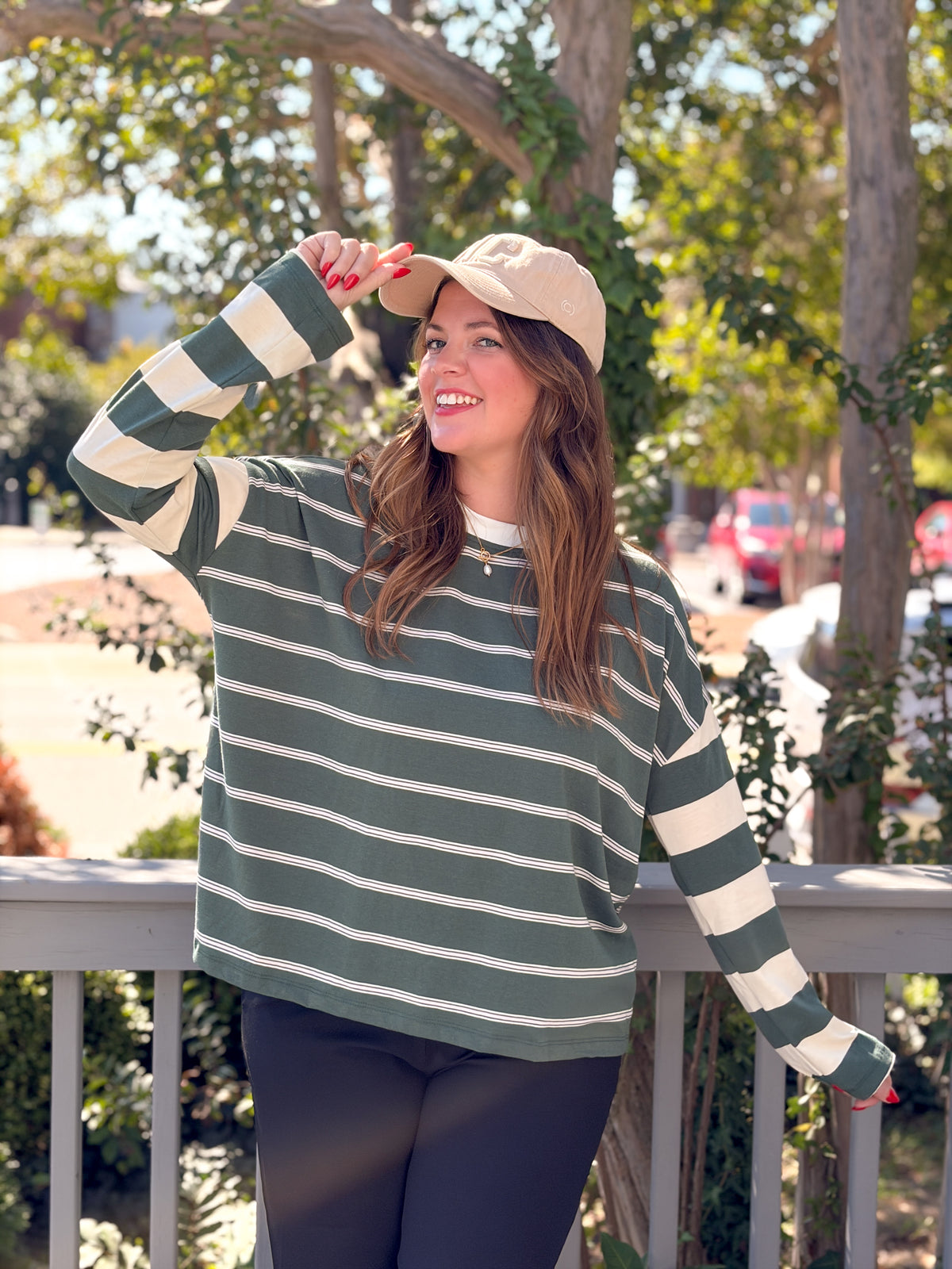 Rose & Lee Co Lillianna Top, Green/Multi Stripe Long Sleeve