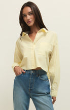 Light Yellow Long Sleeve Collared V-Neck Top