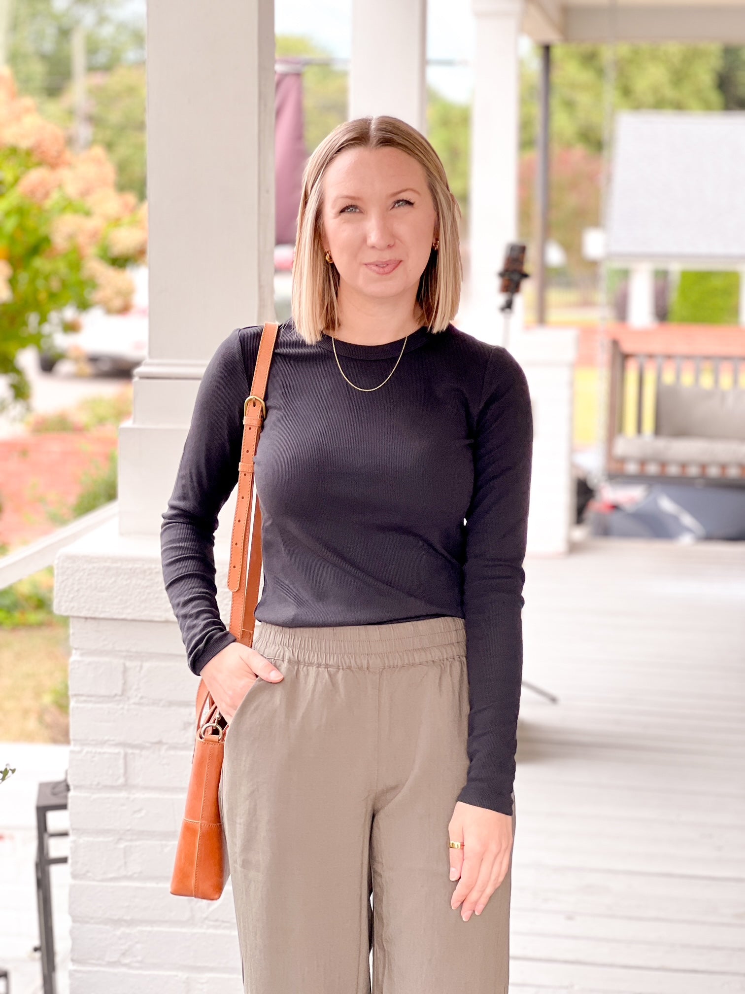 Black Long Sleeve Ribbed Crew Neck Top