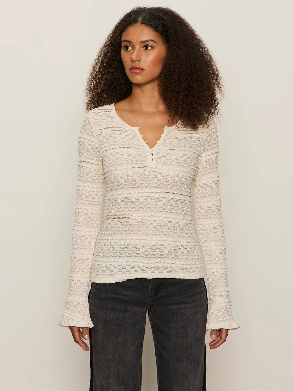 Ivory Long Sleeve Lace Fitted Top