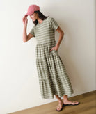 short sleeve olive midi length dress with white stripes