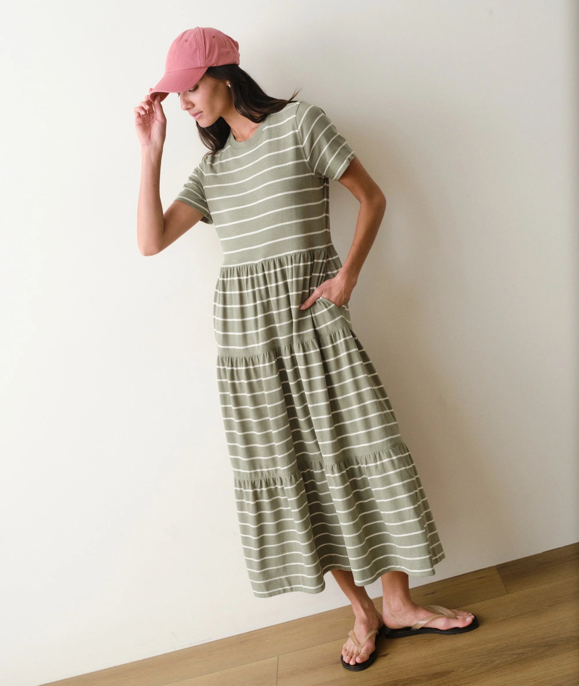 short sleeve olive midi length dress with white stripes