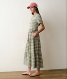 short sleeve olive midi length dress with white stripes