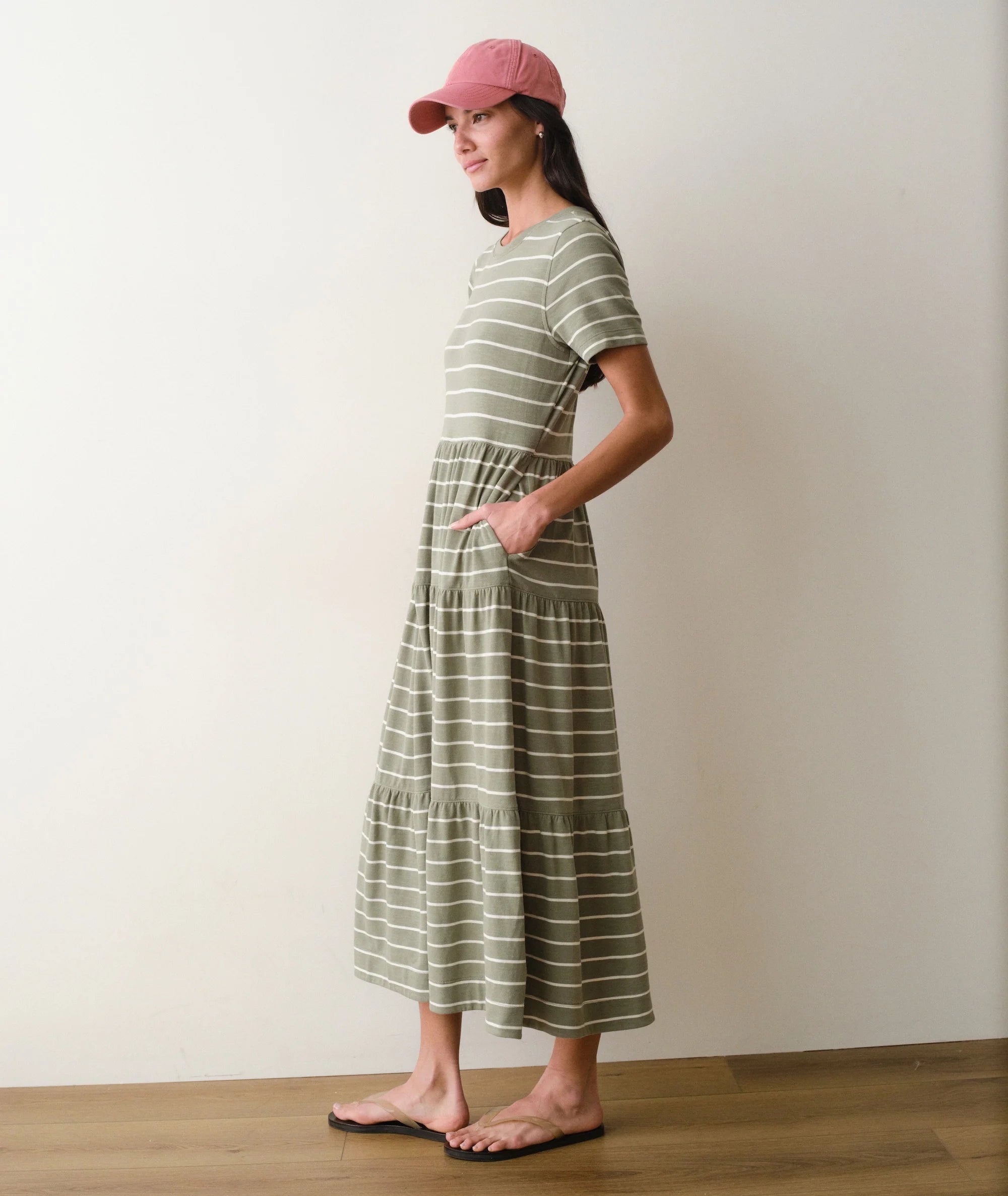 short sleeve olive midi length dress with white stripes