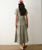 short sleeve olive midi length dress with white stripes