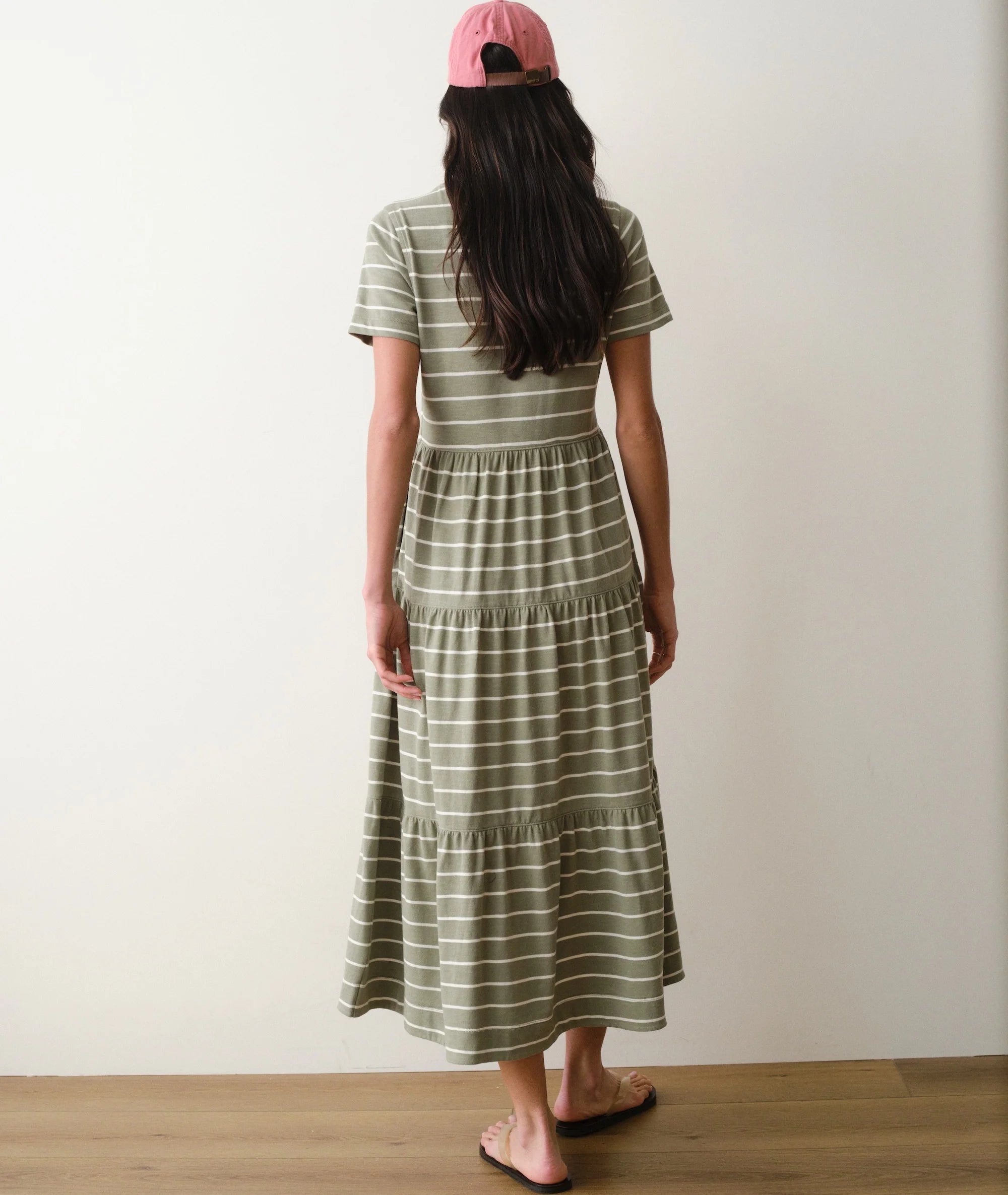 short sleeve olive midi length dress with white stripes