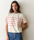 ivory short sleeve shirt with red stripes