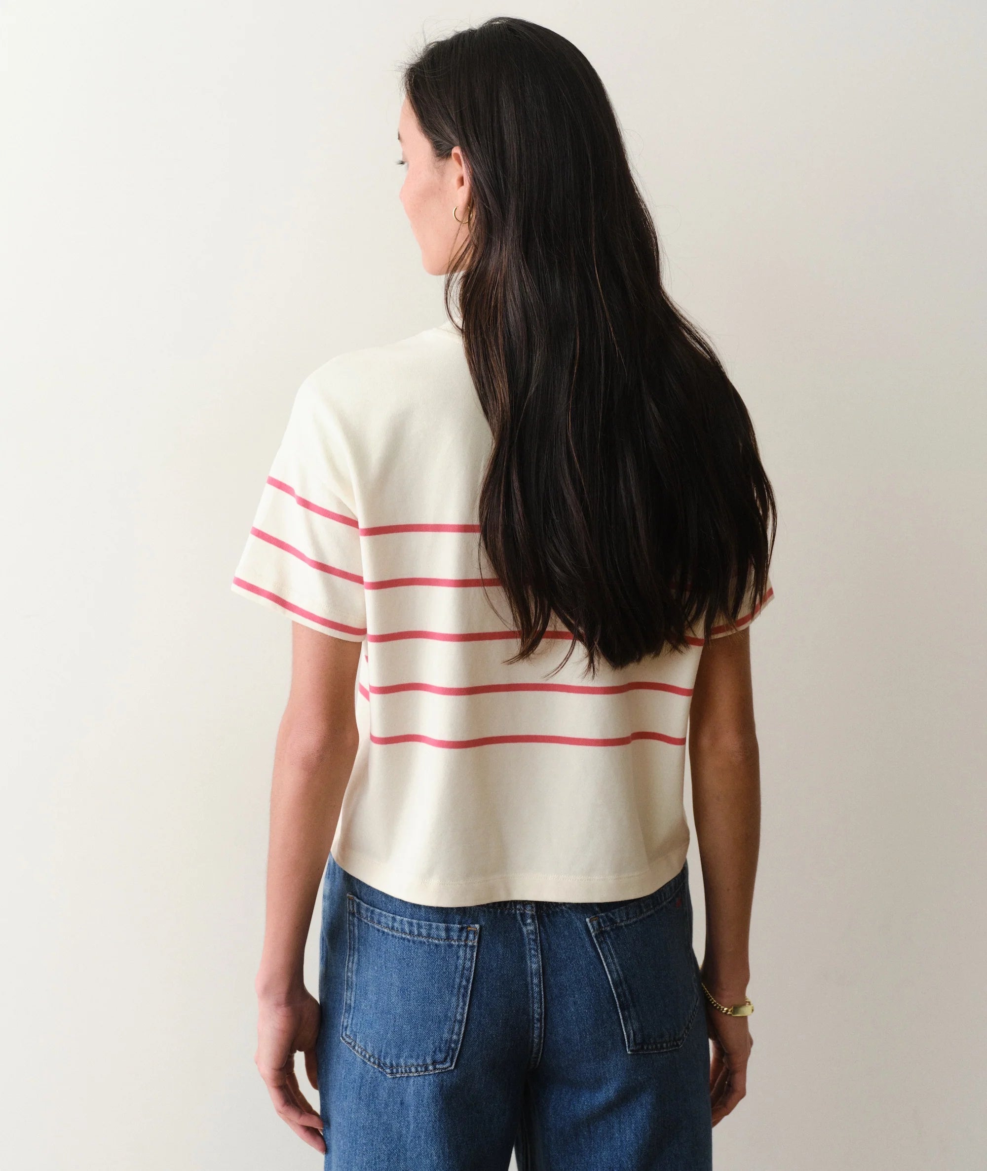 ivory short sleeve shirt with red stripes
