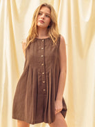 Brown Pleated Mini Sleeveless Romper