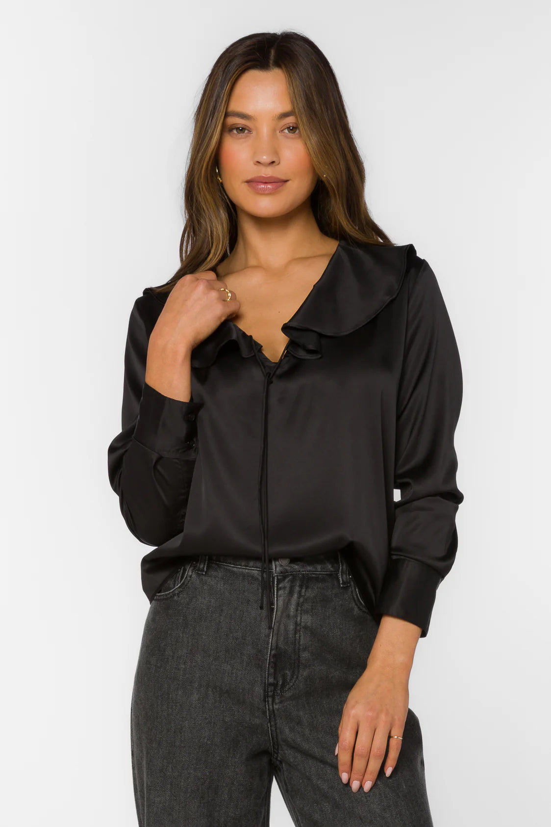 Black Popover Long Sleeve Blouse