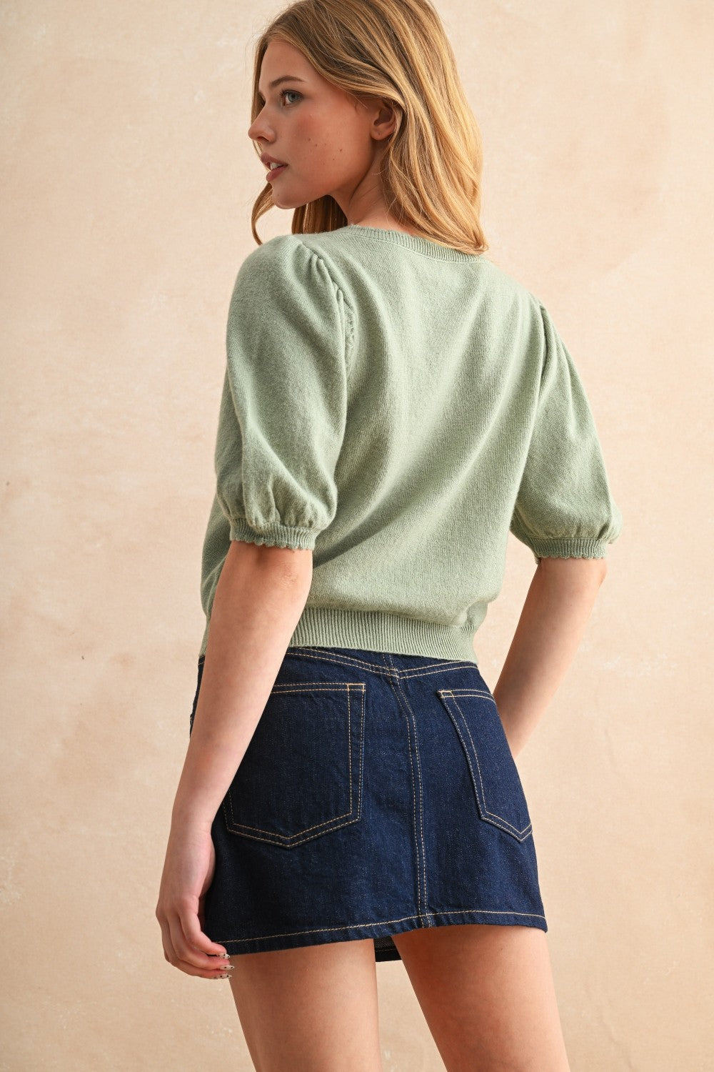 Sage Green Puff Sleeve Button Down Top