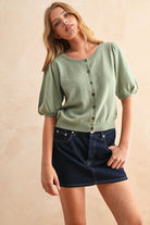 Sage Green Puff Sleeve Button Down Top
