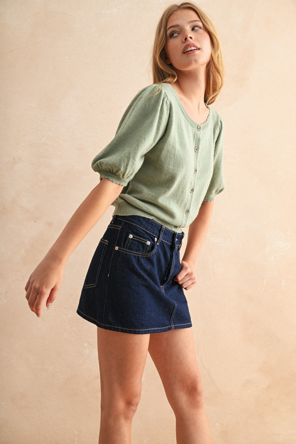 Sage Green Puff Sleeve Button Down Top