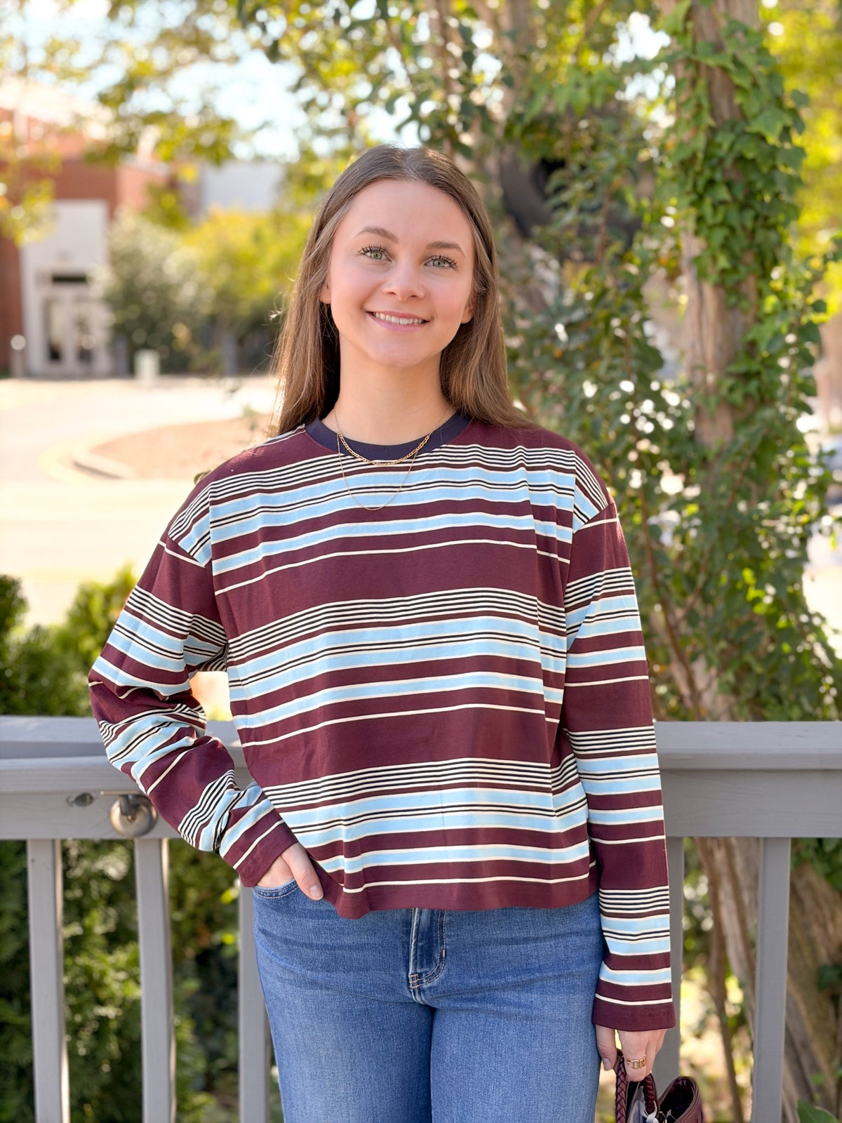 Rose & Lee Co Maite Top, Burgundy/Blue Stripe Long Sleeve