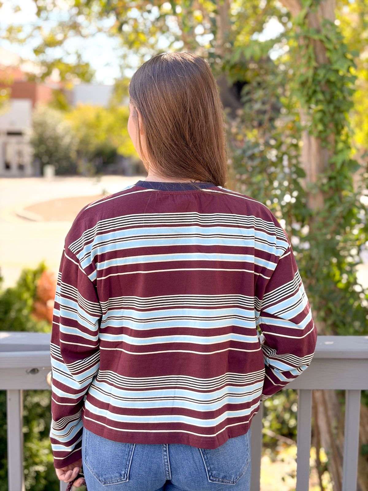 Rose & Lee Co Maite Top, Burgundy/Blue Stripe Long Sleeve