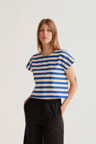 Rose & Lee Co Mallory Top, Blue Stripe short sleeve