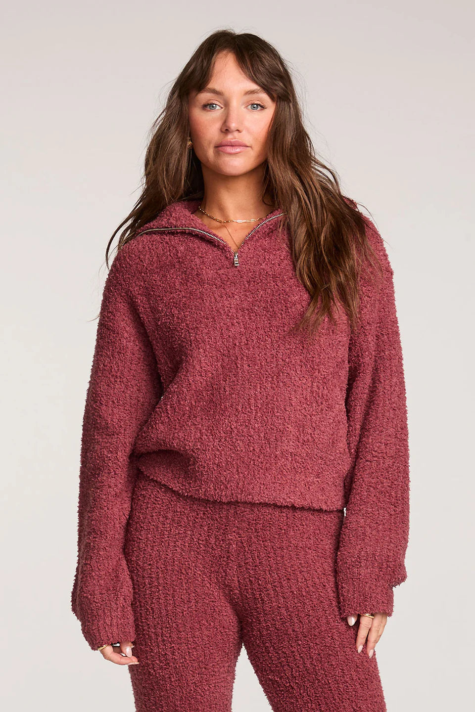 Pink Fuzzy and Soft Cropped Half-Zip Sweatshirt