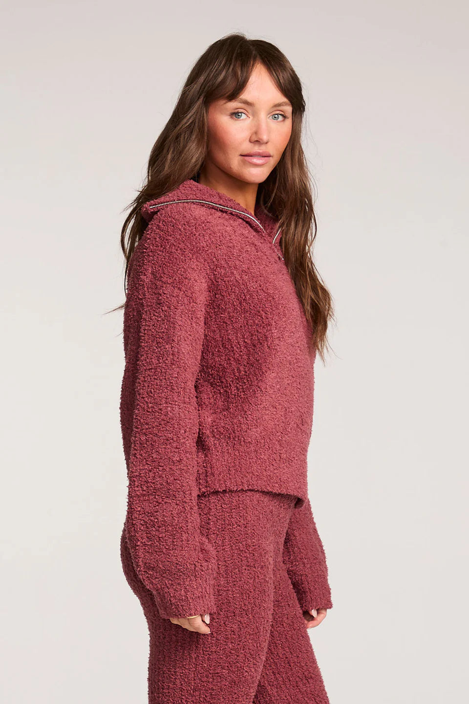 Pink Fuzzy and Soft Cropped Half-Zip Sweatshirt