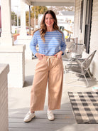 Blue Stripe Boat Neck Long Sleeve Top