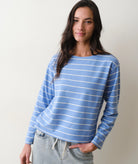Blue Stripe Boat Neck Long Sleeve Top