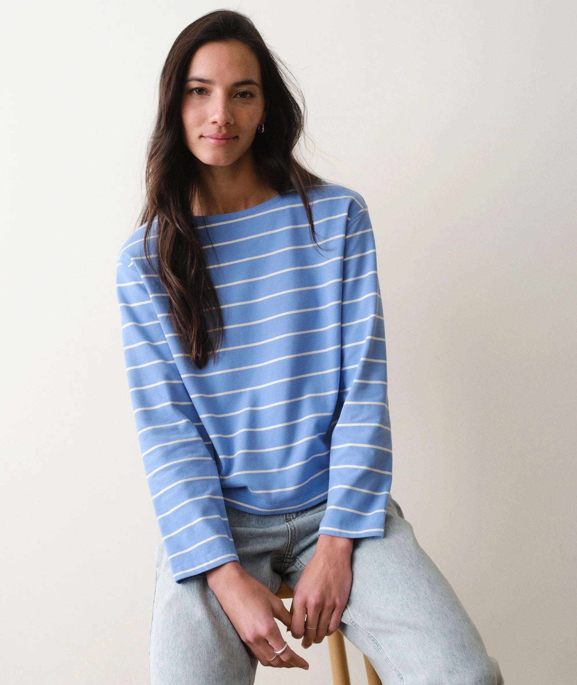 Blue Stripe Boat Neck Long Sleeve Top