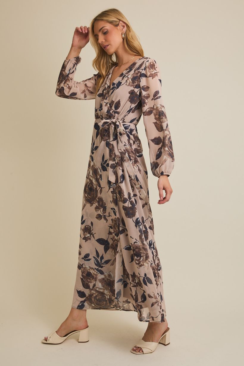 Floral Long Sleeve Surplice Maxi Dress