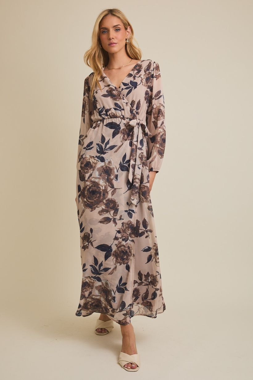 Floral Long Sleeve Surplice Maxi Dress