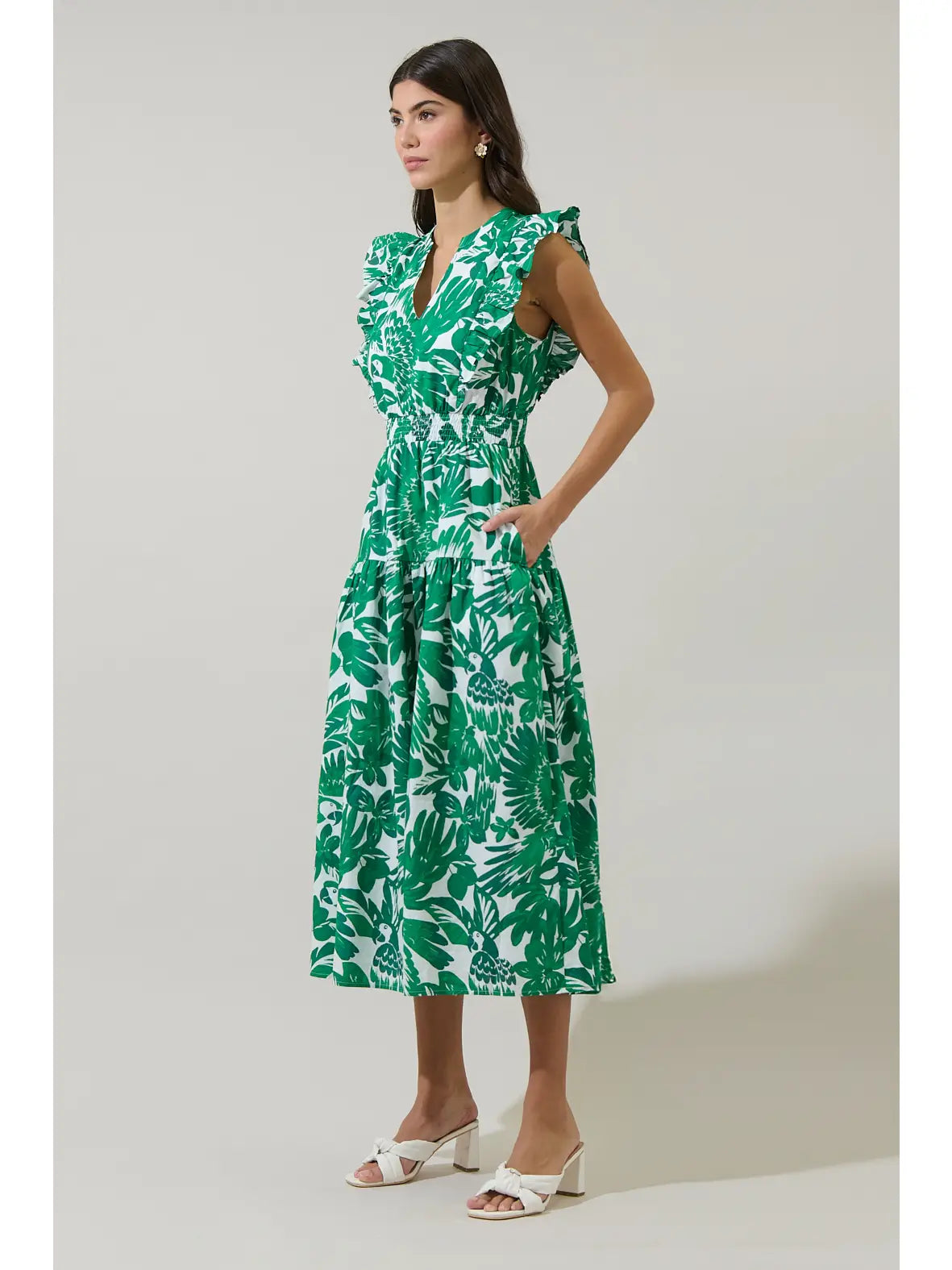 Green & White Tropical Print Smocked Midi Dress