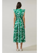Green & White Tropical Print Smocked Midi Dress