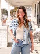blue striped denim top, button up front