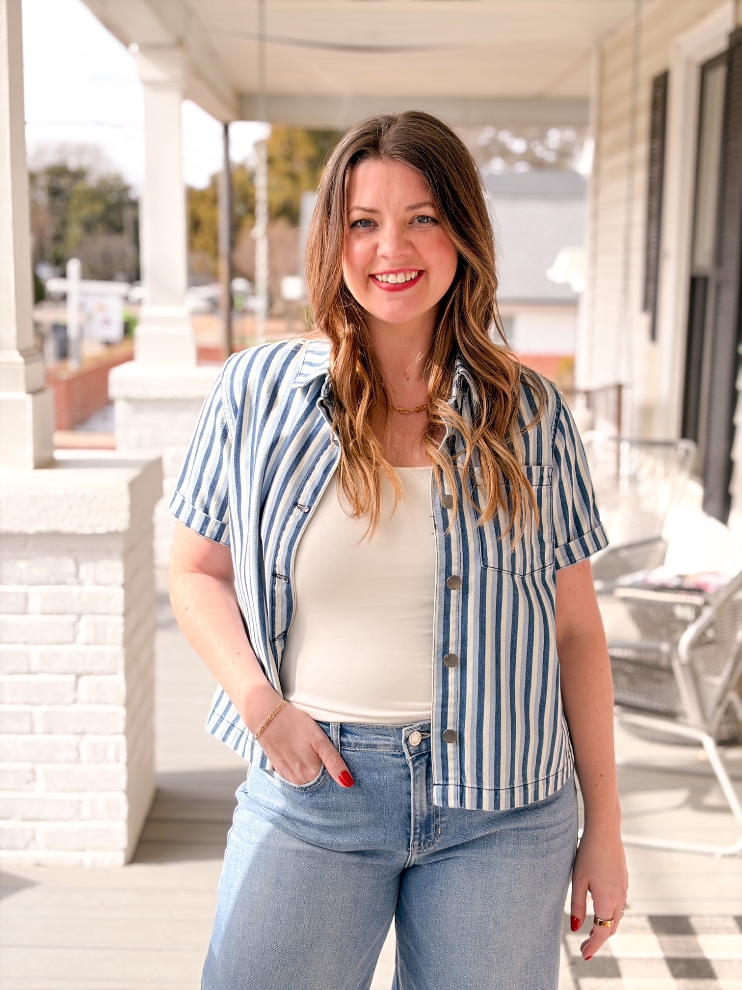 blue striped denim top, button up front