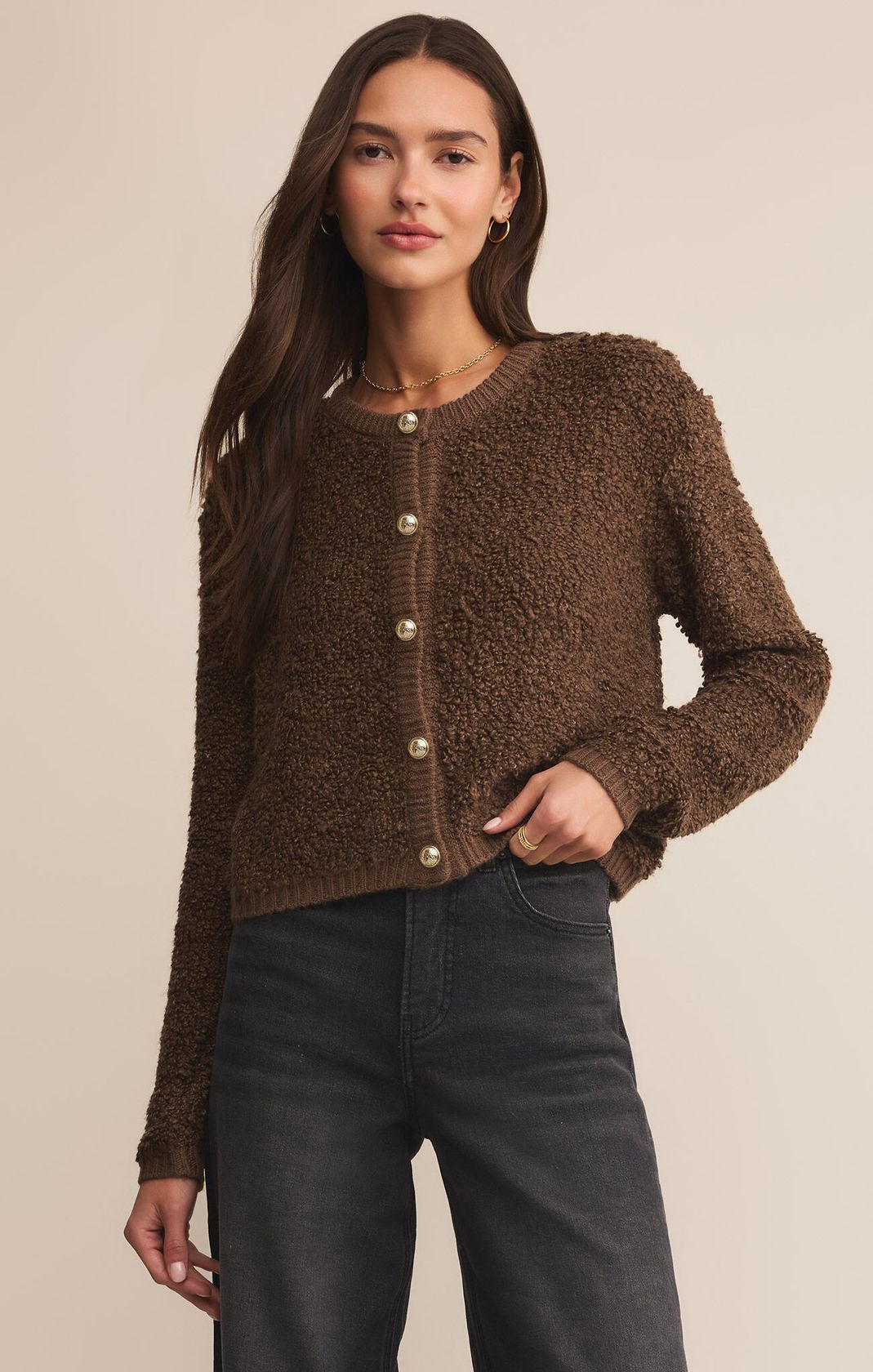 Brown Textured Gold Button Cardigan