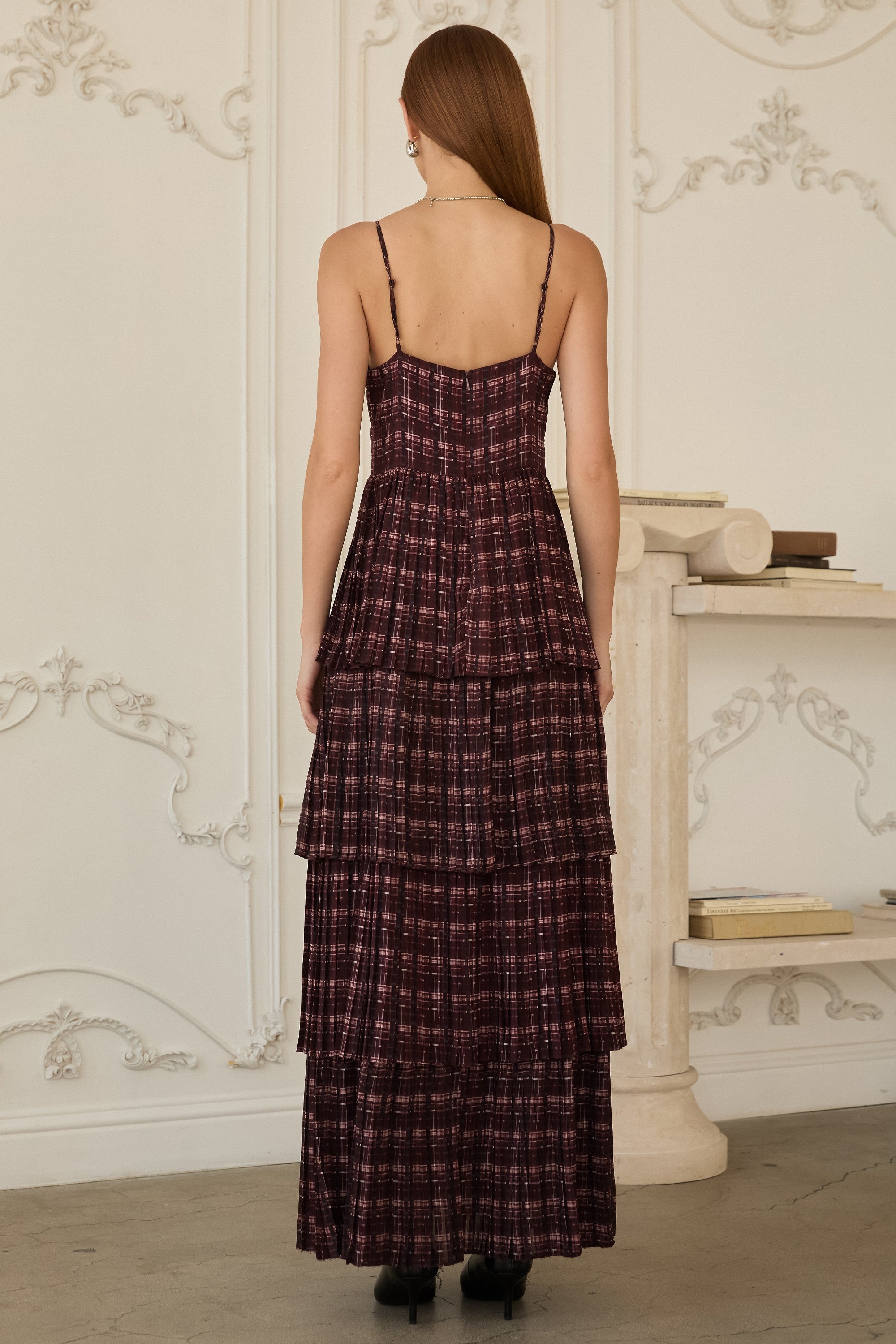Burgundy Plaid Tiered Maxi Dress