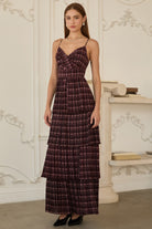 Burgundy Plaid Tiered Maxi Dress