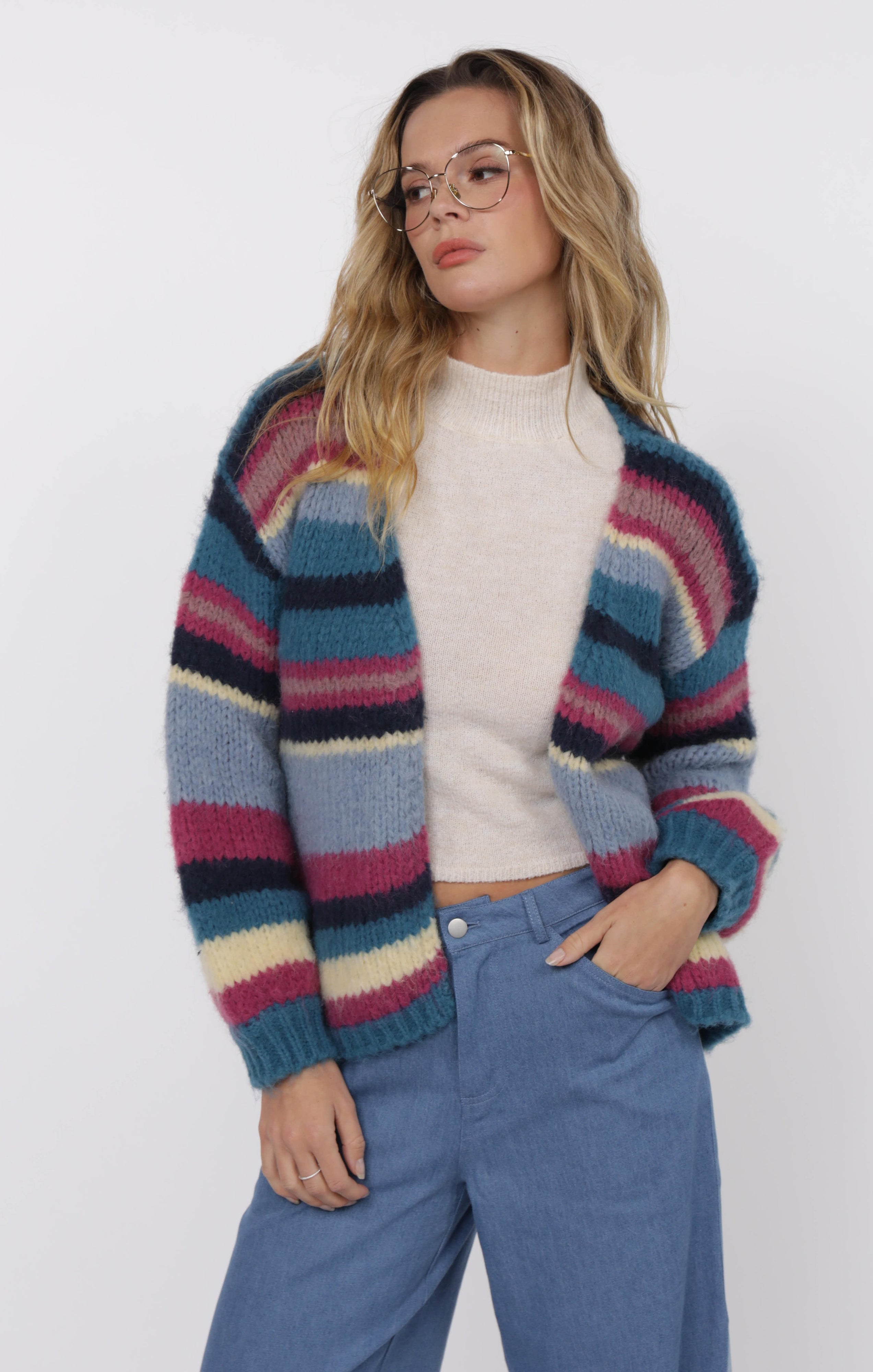 Multi-Colored Striped Long Sleeve Cardigan