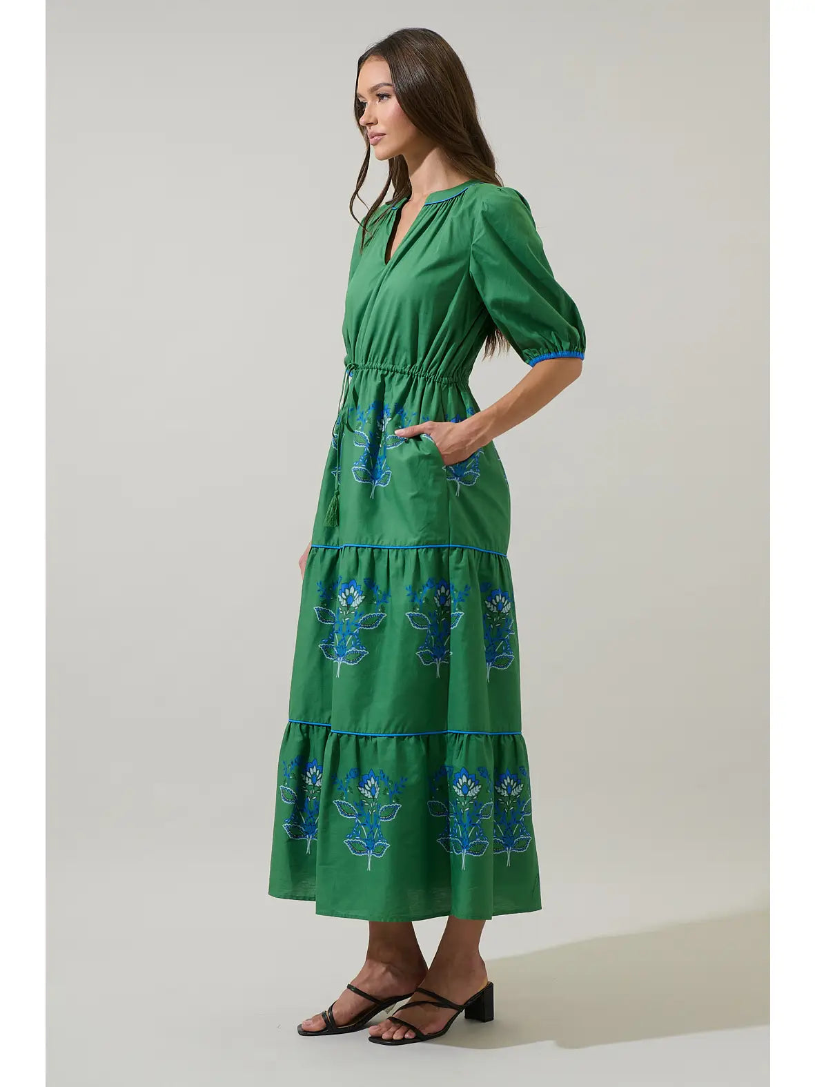 Green Midi Length Floral Print Dress
