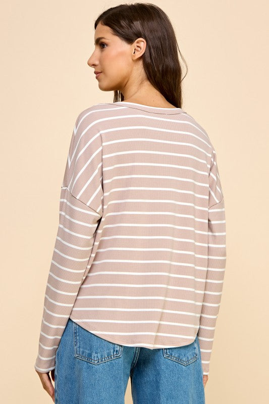Taupe Stripe V-Neck Long Sleeve Top