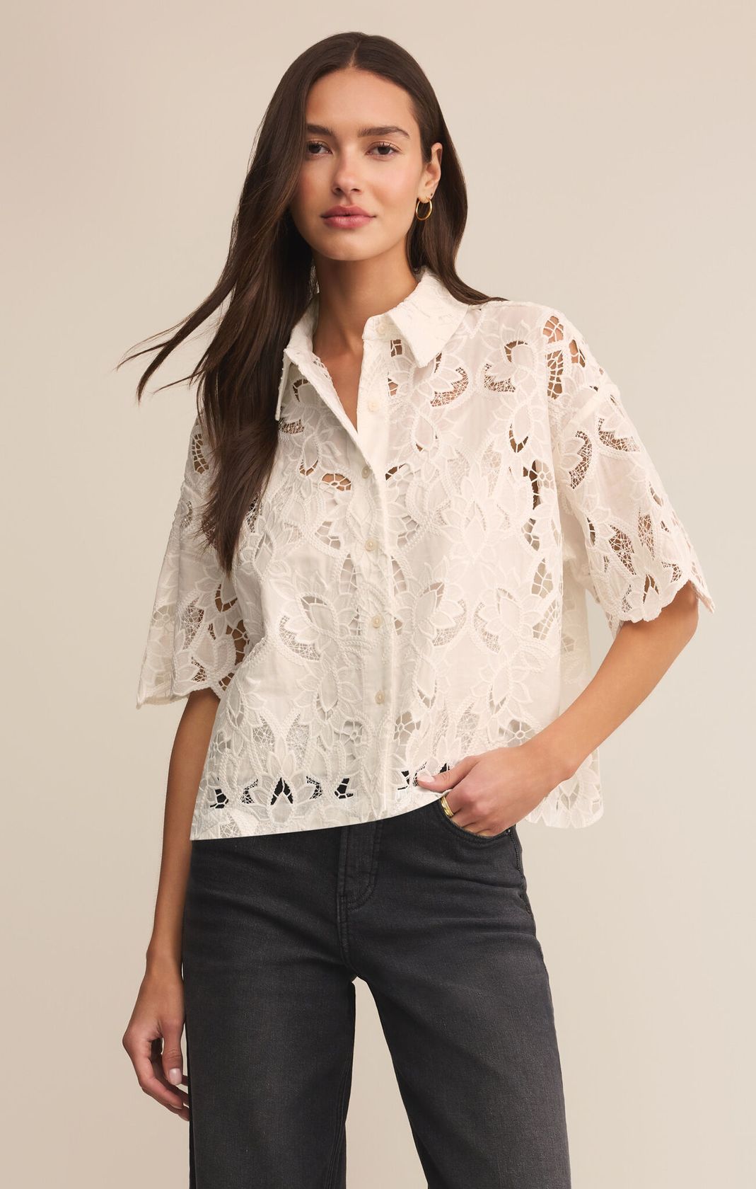 White Lace Embroidered Short Sleeve Top