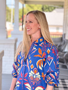 mini length dress, long sleeves, bright blue ikat pattern