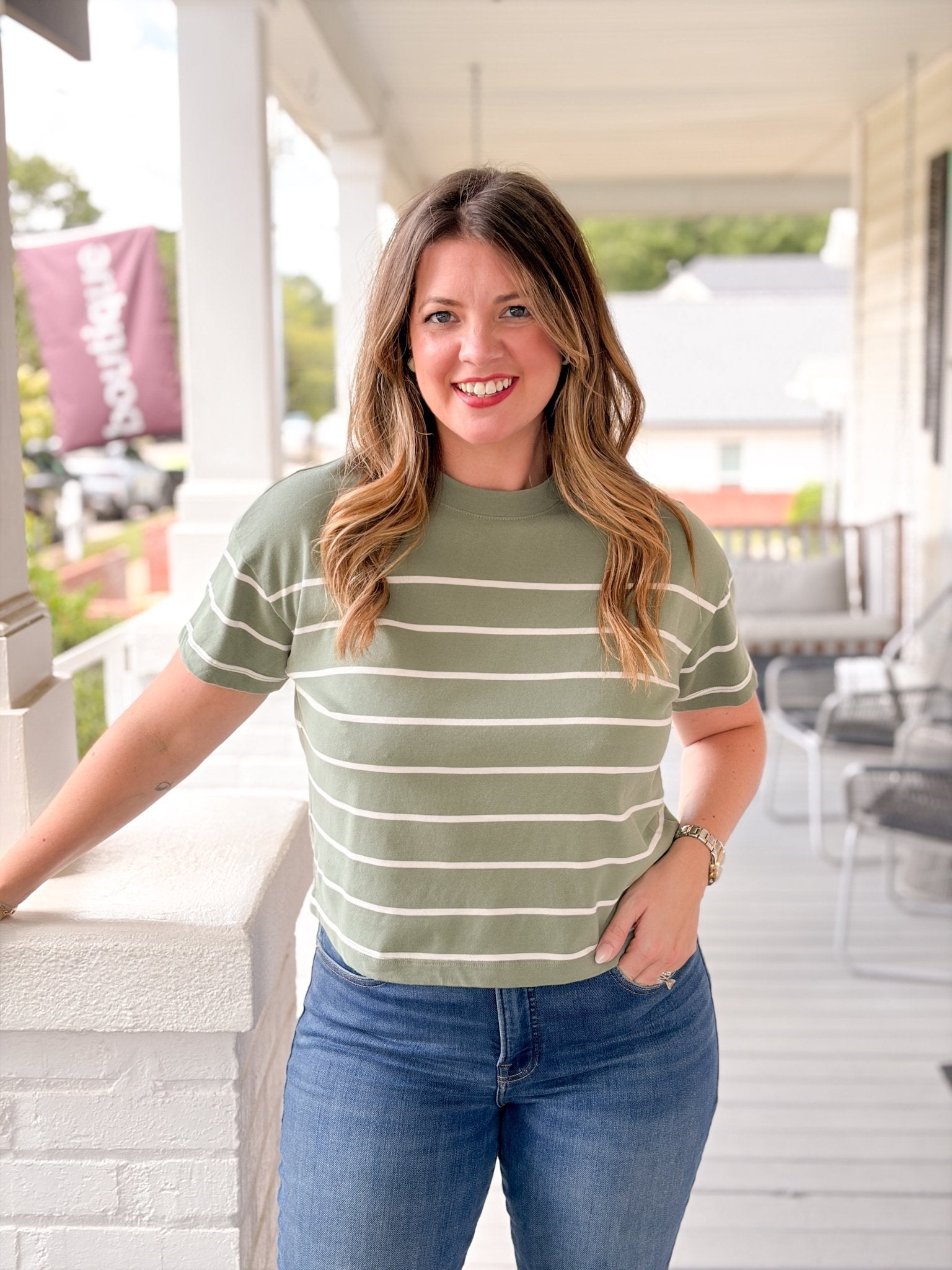 Rose & Lee Co Miracle Tee, Sage/White Stripe by Marine Layer short sleeve