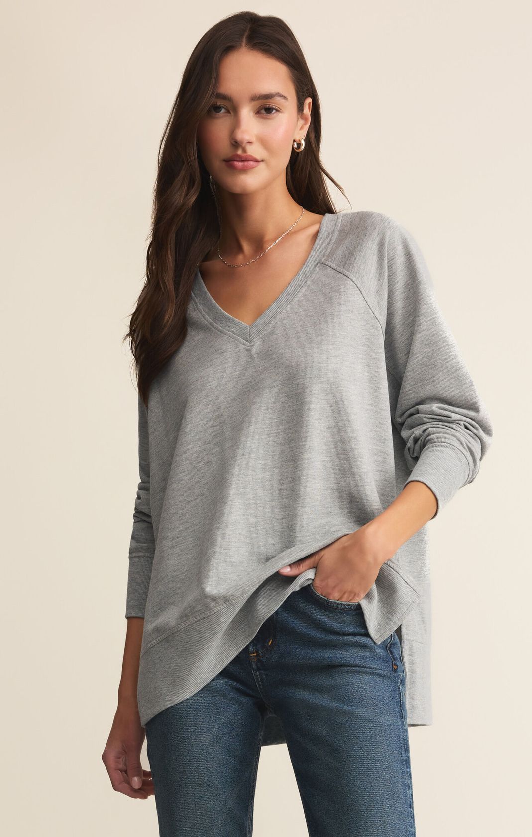 Long Sleeve Grey V-Neck Sweatshirt