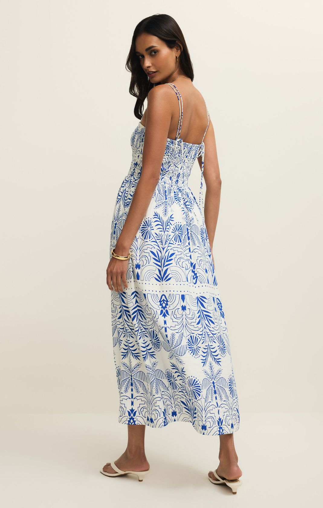 blue and white patterned dress, midi length, spaghetti straps