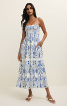 blue and white patterned dress, midi length, spaghetti straps
