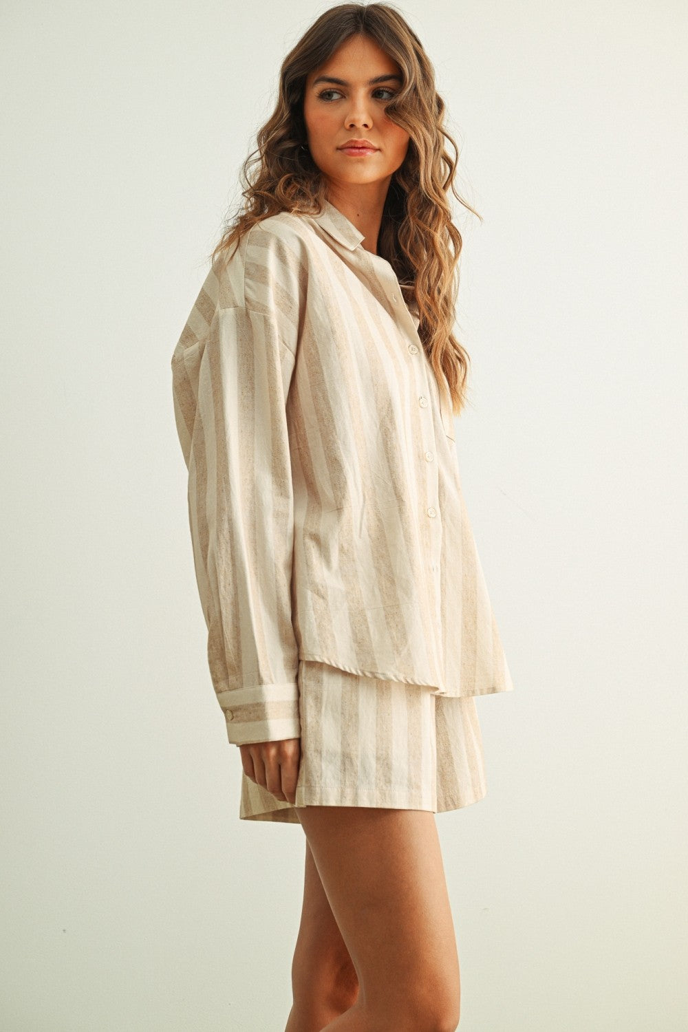 Oatmeal Stripe Collared Long Sleeve Top